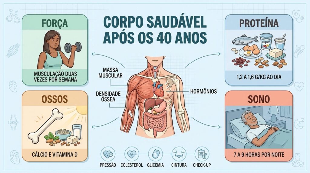 Força, proteína, saúde óssea e sono formam pilares importantes após os 40.