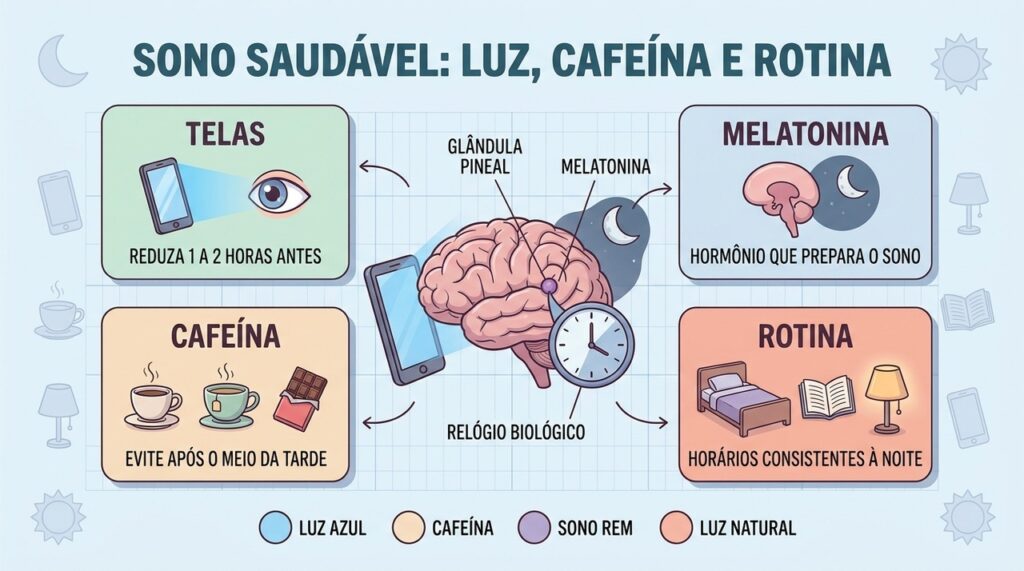 Quatro pilares organizam a noite: menos telas, cafeína mais cedo, rotina estável e luz natural pela manhã.