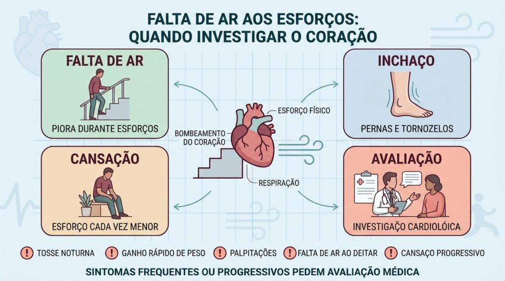 Falta de ar, inchaço, cansaço e progressão dos sintomas orientam a investigação cardíaca.