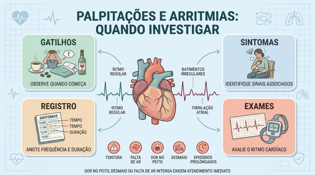 Gatilhos, sintomas, registros e exames ajudam a esclarecer palpitações persistentes.