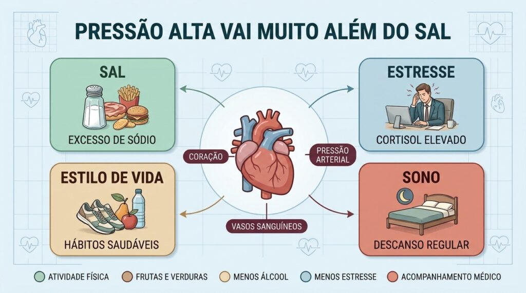 Sal, estresse e estilo de vida influenciam juntos o controle da pressão arterial.