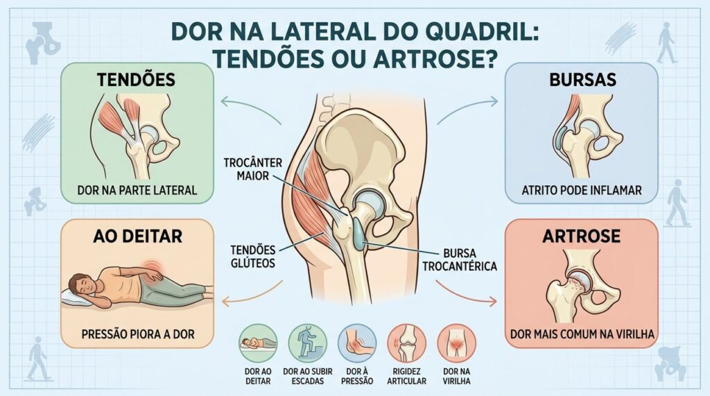 Local da dor e gatilhos ajudam a diferenciar tendinopatia glútea de artrose.