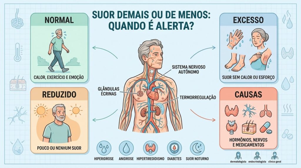 Hiperidrose e anidrose podem sinalizar alterações hormonais, neurológicas ou dermatológicas.