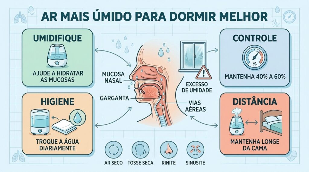 Umidificação, controle da umidade, higiene e distância segura protegem as vias respiratórias.