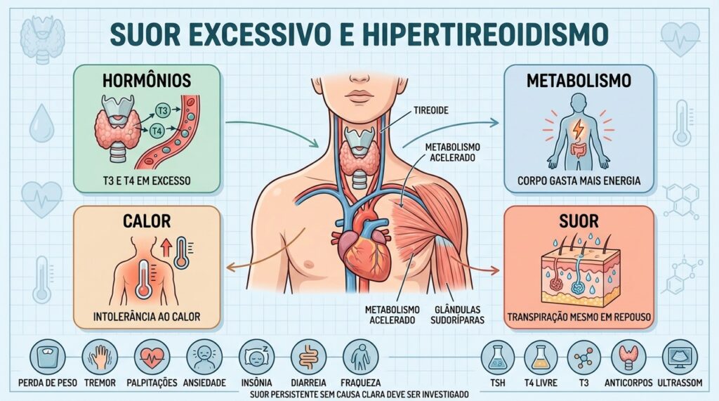 Hormônios elevados aceleram metabolismo, produção de calor e atividade das glândulas sudoríparas.