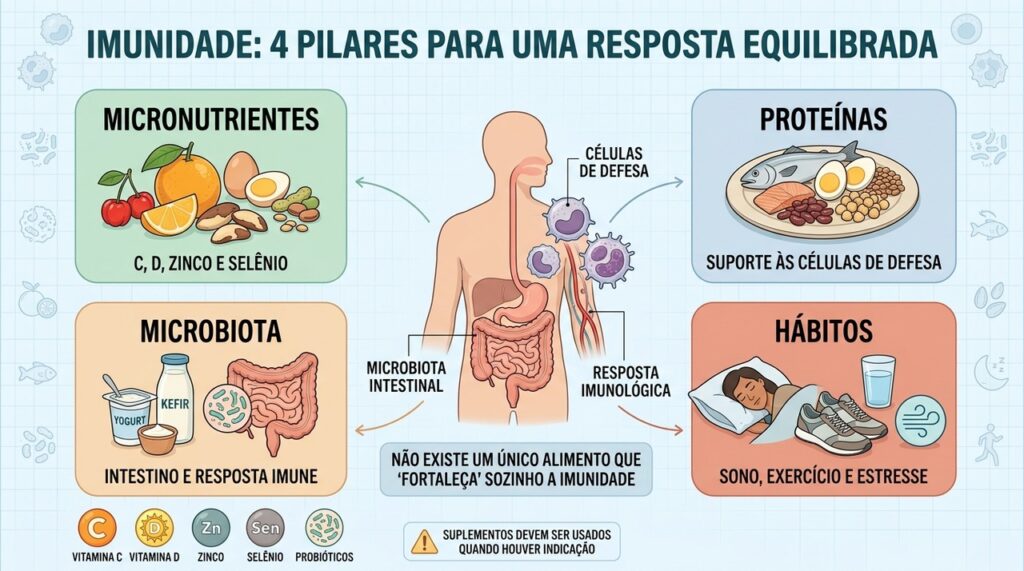 Nutrientes, proteínas, microbiota e hábitos atuam juntos no equilíbrio da imunidade.