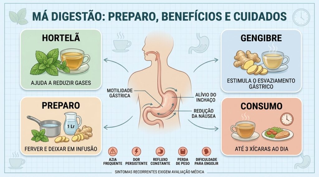 Hortelã, gengibre, preparo correto e sinais de alerta orientam o cuidado digestivo.