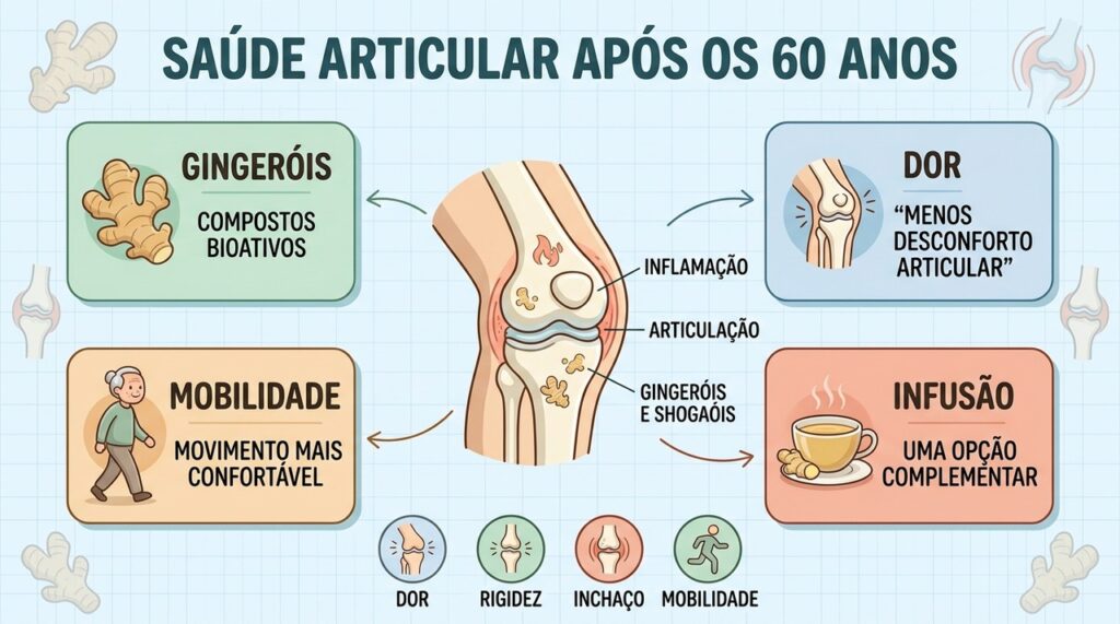 Quatro pilares destacam compostos do gengibre, alívio da dor, mobilidade e infusão complementar.