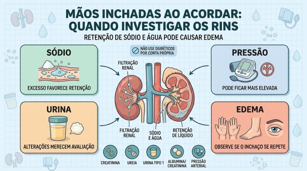 Sódio, pressão, urina e edema ajudam a orientar a investigação da função renal.