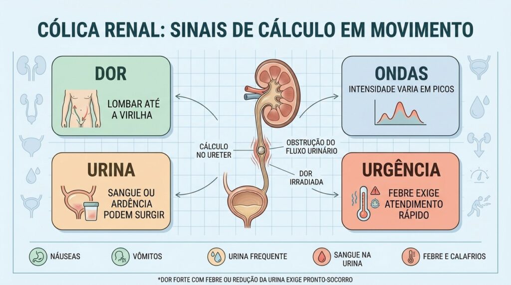 Dor em ondas, irradiação, alterações urinárias e febre ajudam a reconhecer cólica renal.