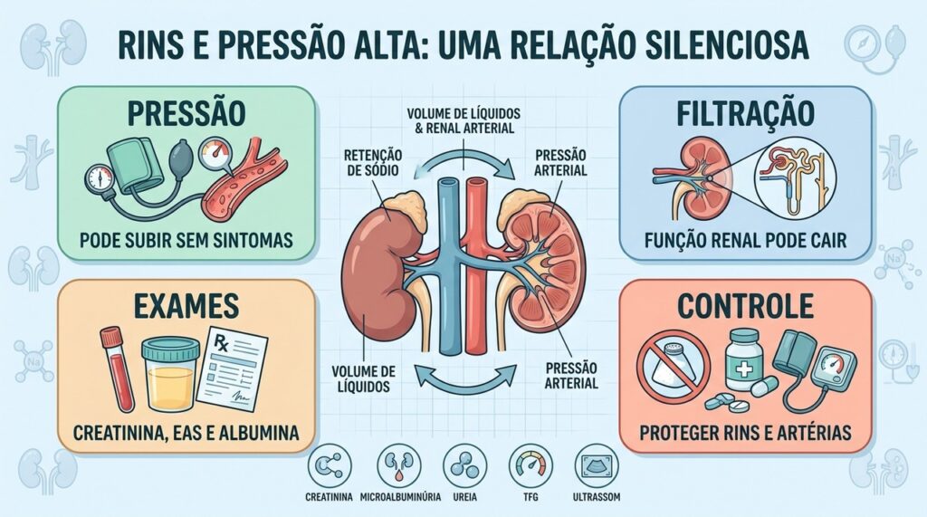 Pressão, filtração, exames e controle ajudam a identificar alterações renais precoces.