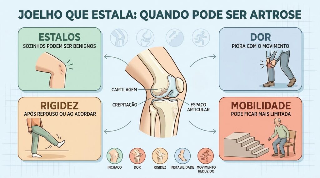 Estalos associados a dor, rigidez e limitação ajudam a levantar suspeita de artrose.