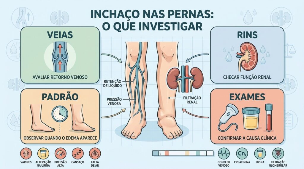 Veias, rins, padrão do edema e exames ajudam a esclarecer o inchaço persistente.