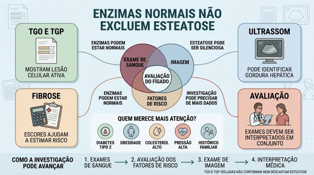 Sangue, imagem, fatores de risco e avaliação médica completam a investigação da esteatose.