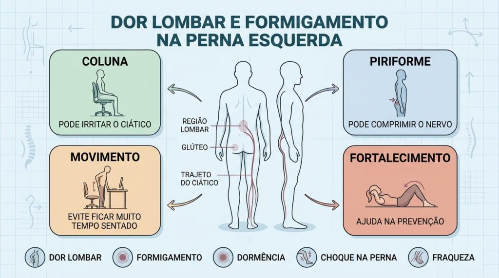 Coluna, piriforme, postura e movimento influenciam sintomas ao longo do ciático.