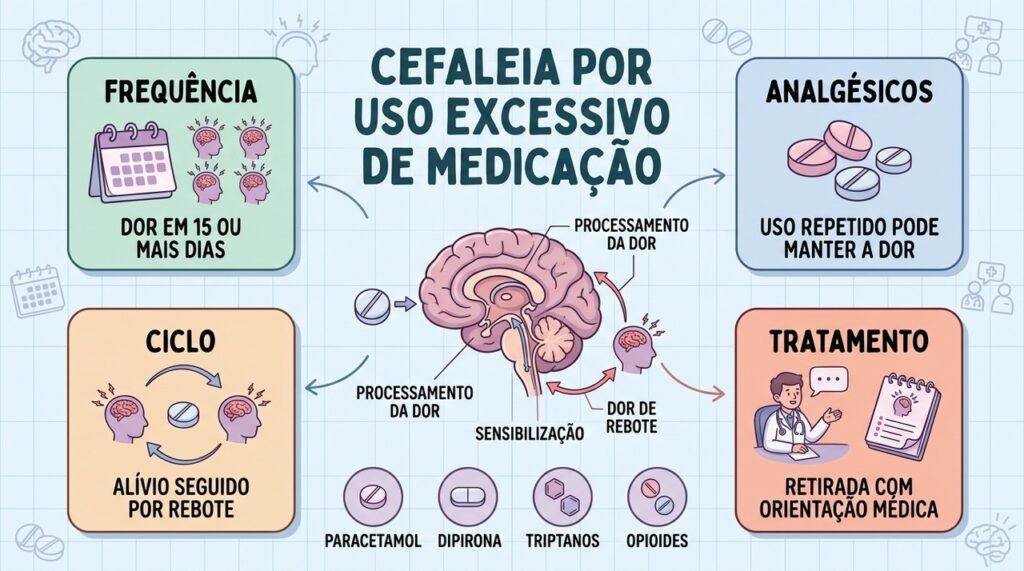 Quatro pilares explicam a cefaleia por abuso: frequência, medicamentos, ciclo de rebote e tratamento orientado.