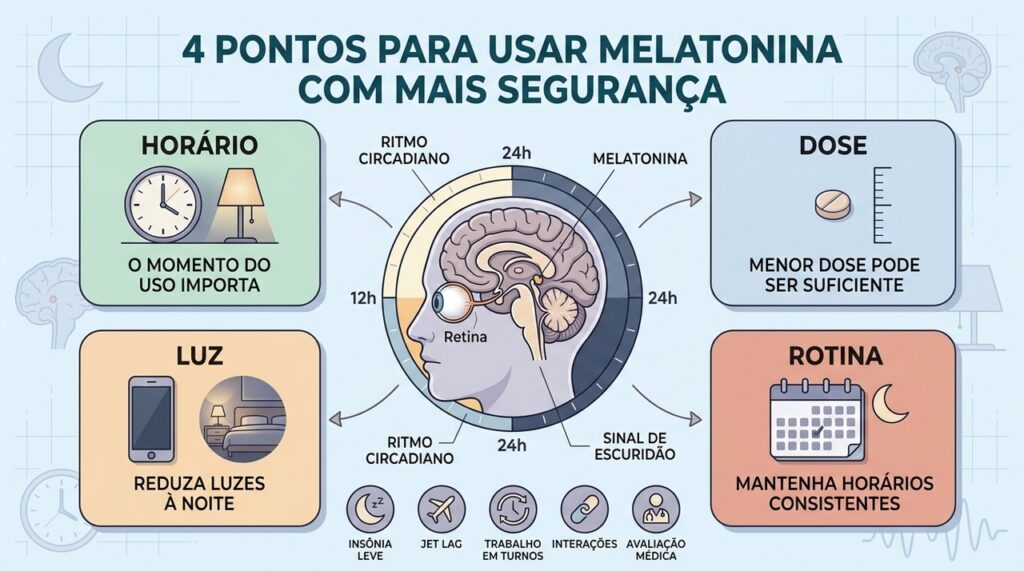 Horário, dose, luz noturna e rotina determinam como a melatonina interfere no sono.