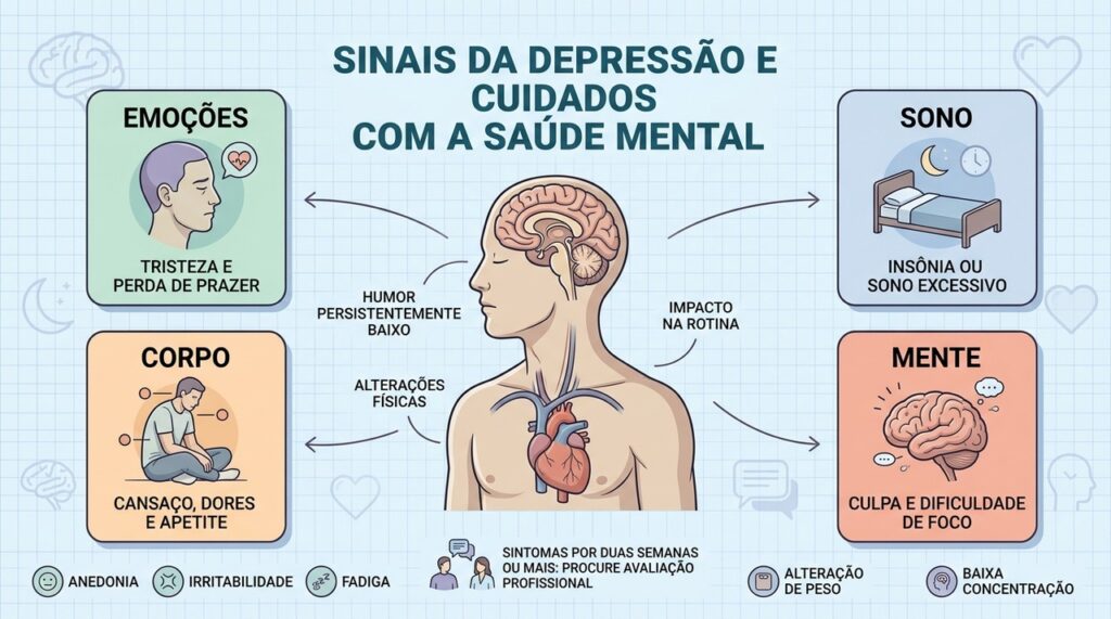 Emoções, sono, corpo e cognição ajudam a reconhecer sinais persistentes de depressão.