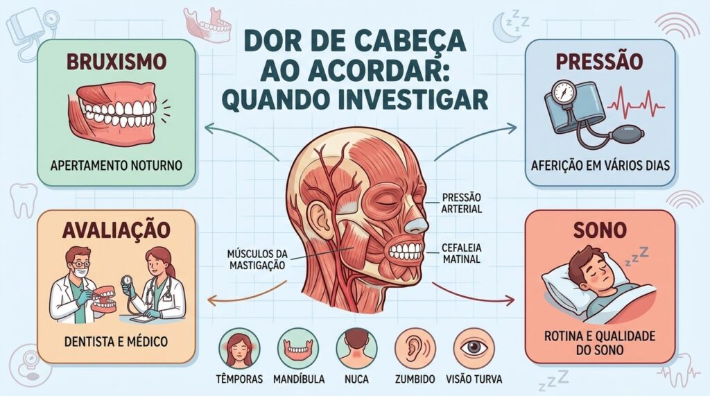 Bruxismo, pressão, sono e avaliação clínica ajudam a investigar a cefaleia matinal recorrente.