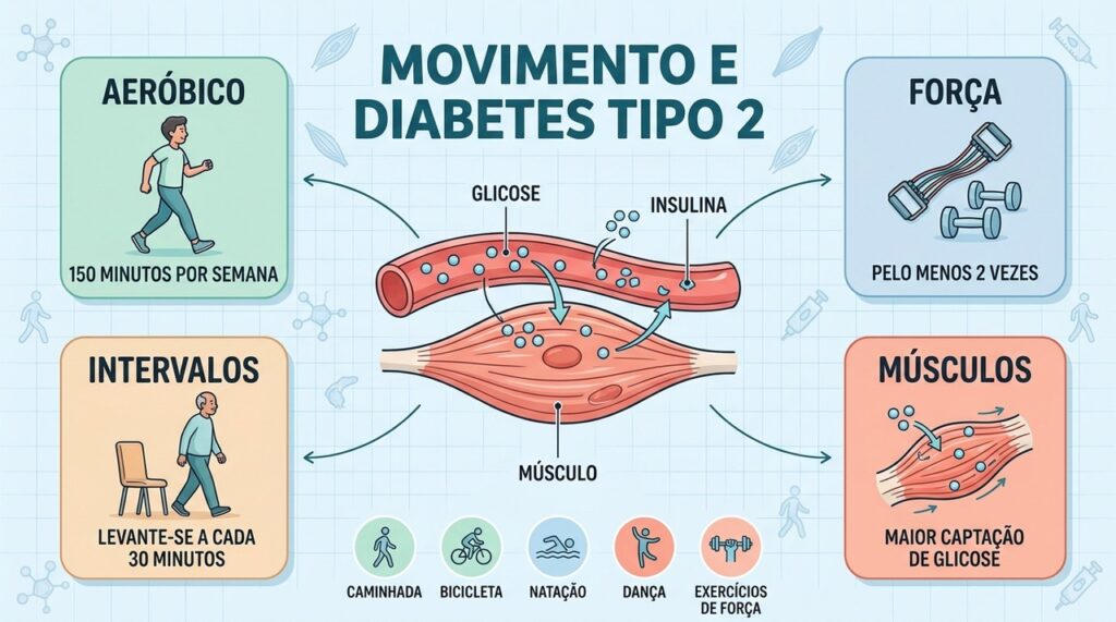 Aeróbico, força e pausas no sedentarismo favorecem músculos mais eficientes no controle da glicose.