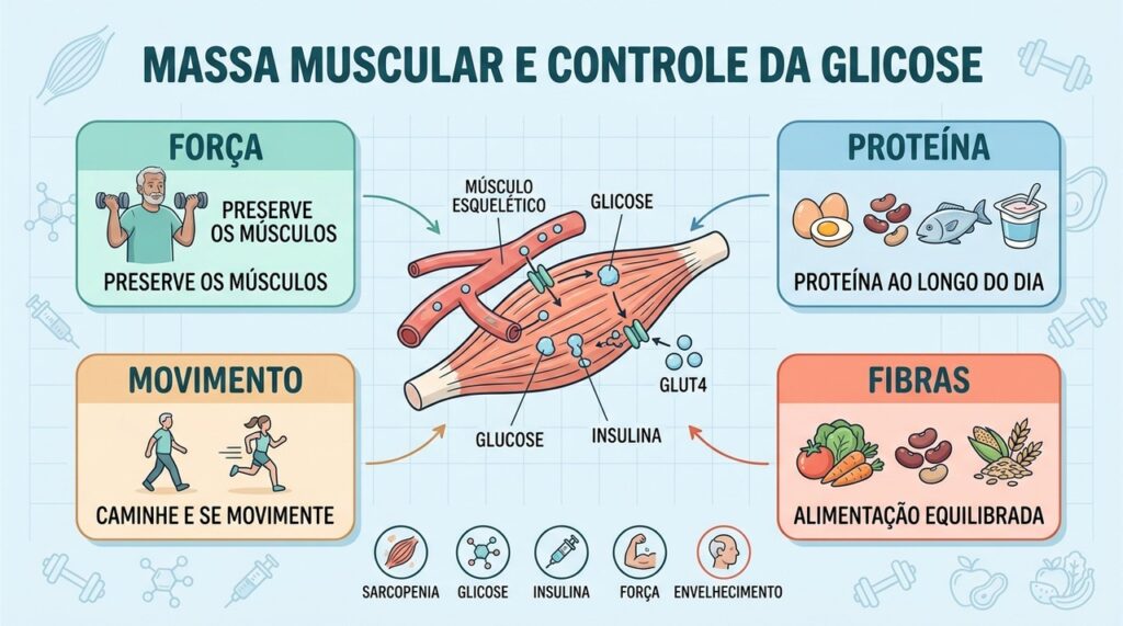 Músculo, força, proteína e movimento formam pilares para manter melhor controle da glicose.