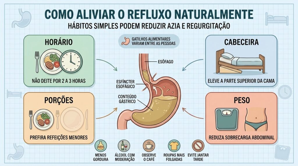 Horário, cabeceira, porções e peso são pilares naturais para controlar o refluxo.