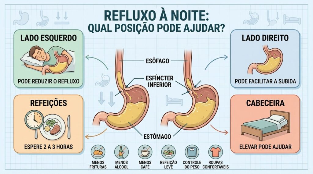 Lado esquerdo, jantar mais cedo e cabeceira elevada podem aliviar o refluxo noturno.