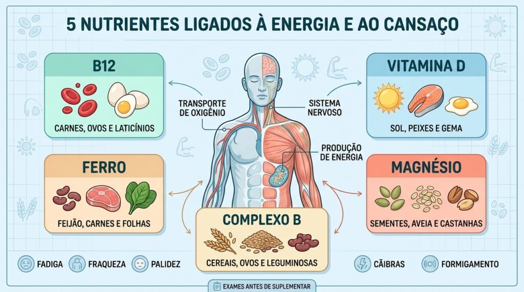Cinco nutrientes participam da produção de energia, transporte de oxigênio e funcionamento neuromuscular.