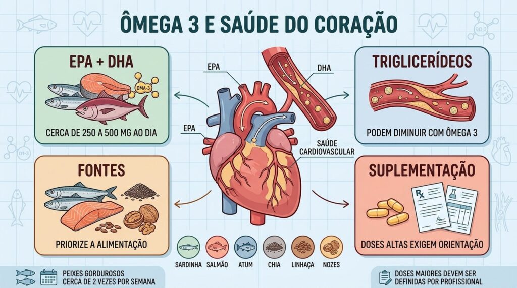 EPA, DHA, fontes alimentares e suplementação orientada apoiam o cuidado cardiovascular.