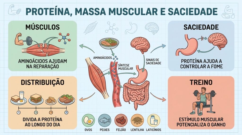 Aminoácidos, treino, distribuição diária e saciedade explicam os efeitos da proteína.