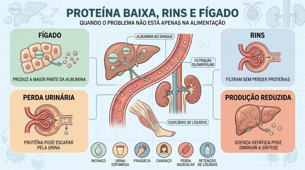 Fígado, rins, albumina e líquidos explicam causas silenciosas da proteína baixa.
