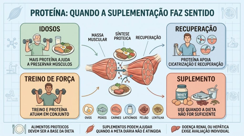 Idade, recuperação, treino e alimentação definem quando a suplementação proteica pode ajudar.