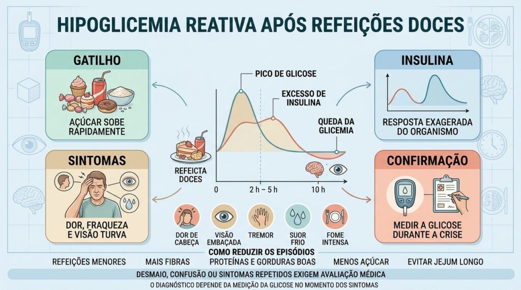 Gatilho doce, excesso de insulina, sintomas e medição explicam a hipoglicemia reativa.