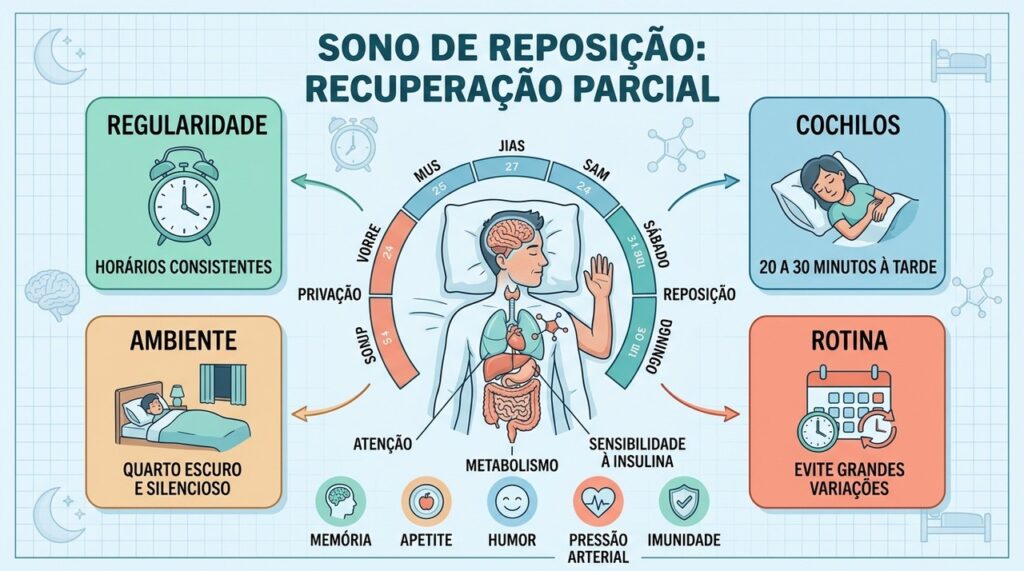 Regularidade, cochilos, ambiente e rotina ajudam a reduzir os efeitos do sono insuficiente.