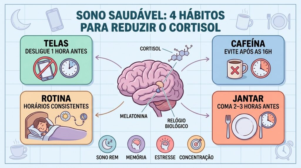 Quatro hábitos ajudam a reduzir o cortisol e melhorar a qualidade do sono.