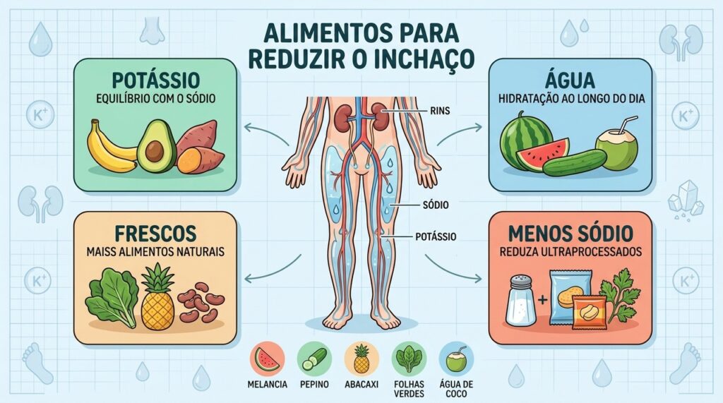 Potássio, hidratação e menos sódio são pilares alimentares para combater o excesso de líquidos.