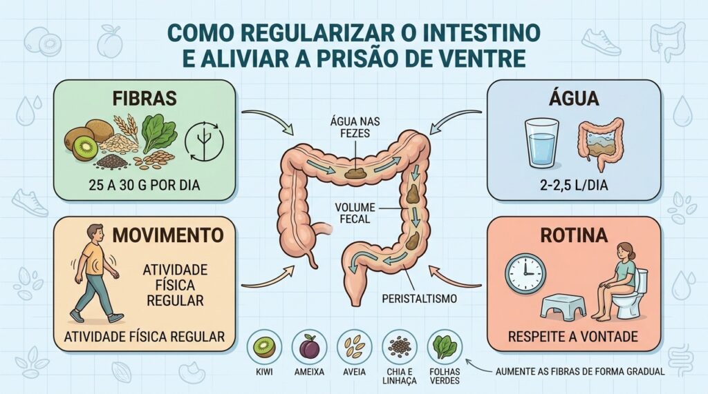 Fibras, água, movimento e rotina atuam juntos para melhorar o trânsito intestinal.