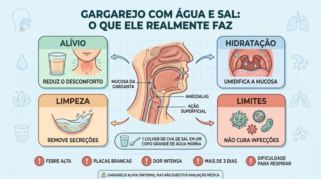 O gargarejo hidrata e alivia a mucosa, mas não elimina infecções.