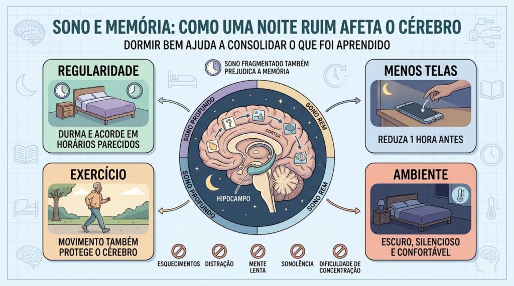 Regularidade, menos telas, exercício e ambiente adequado favorecem sono e consolidação da memória.