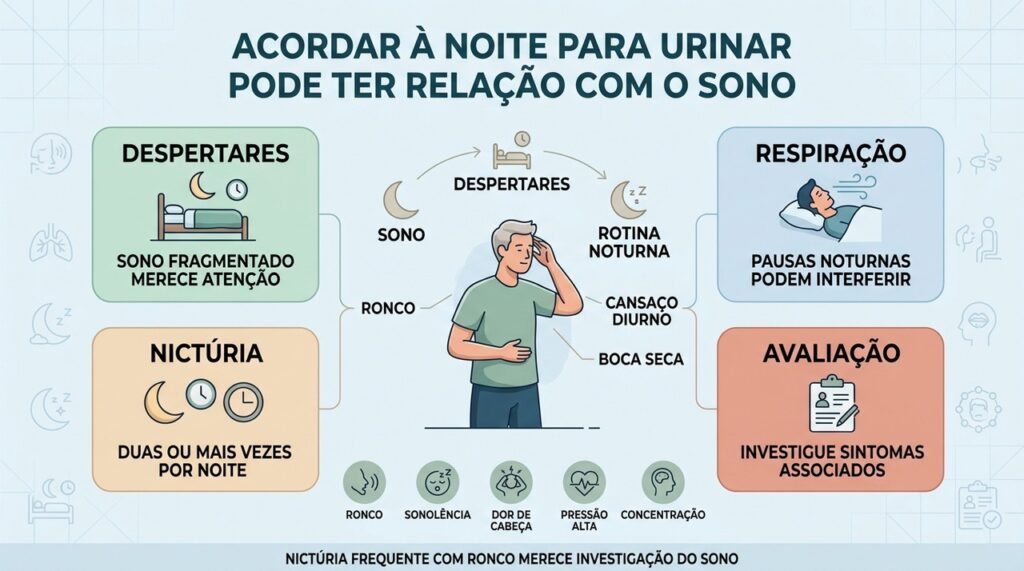 Nictúria, ronco e sonolência podem aparecer juntos em distúrbios respiratórios do sono.