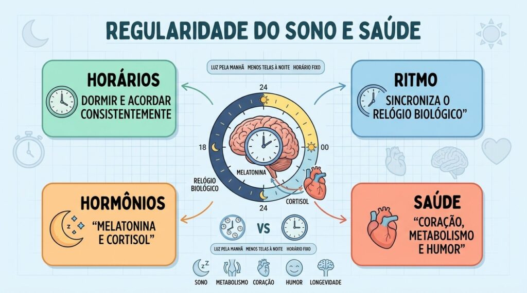 Regularidade, luz natural e rotina noturna ajudam a manter o ritmo circadiano alinhado.
