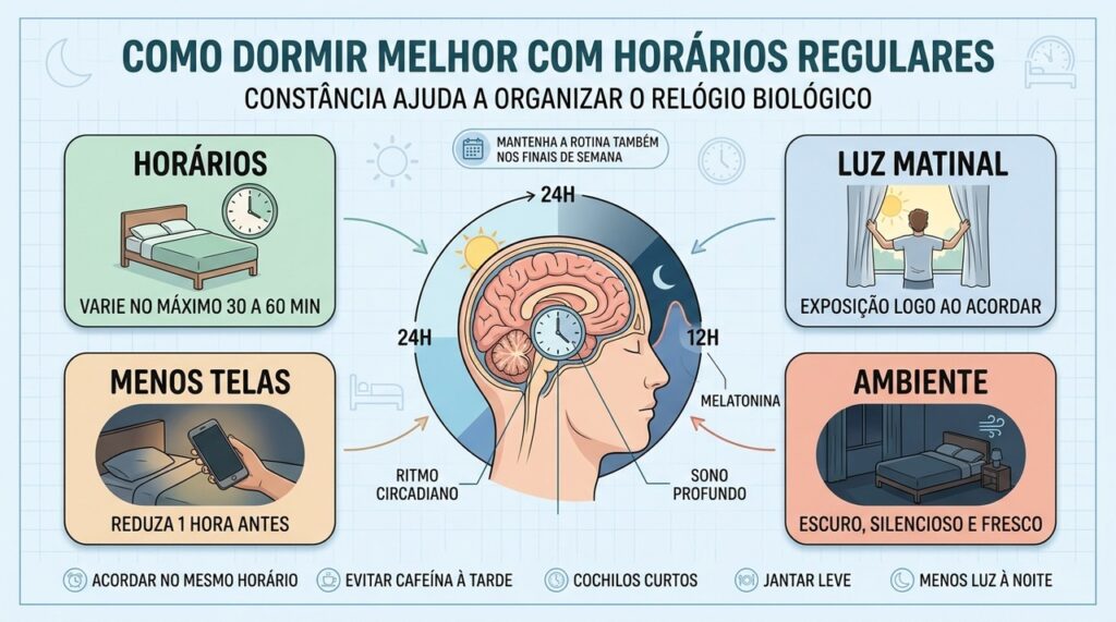 Horários fixos, luz matinal, menos telas e ambiente adequado favorecem sono reparador.
