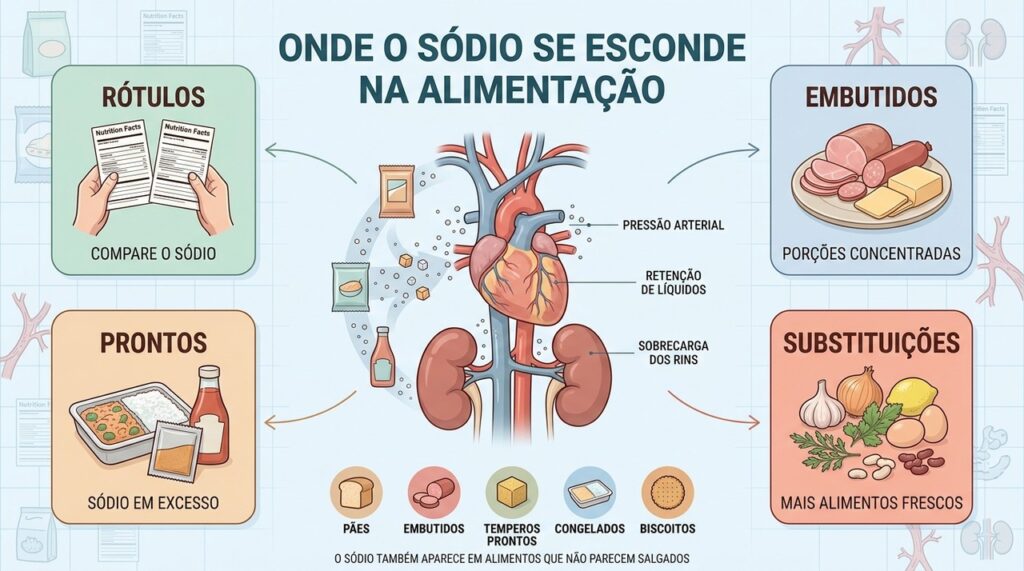 Rótulos, embutidos, pratos prontos e substituições ajudam a controlar o sódio diário.