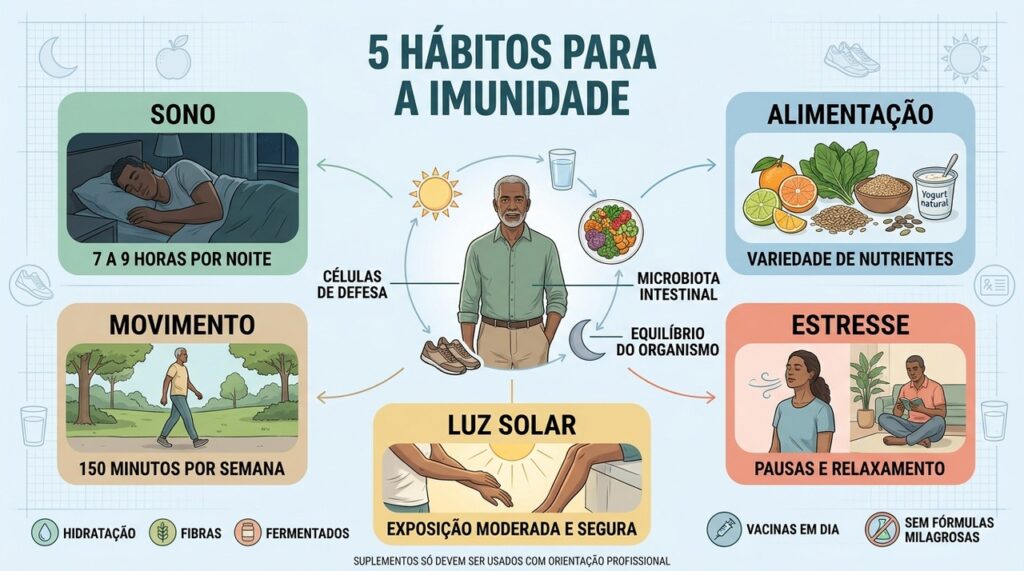 Sono, alimentação, movimento, luz solar e menos estresse sustentam a imunidade.