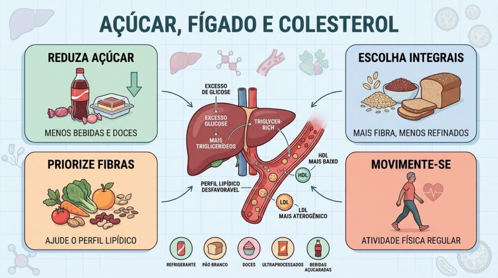 Menos açúcar, mais fibras e atividade ajudam a proteger o perfil lipídico.
