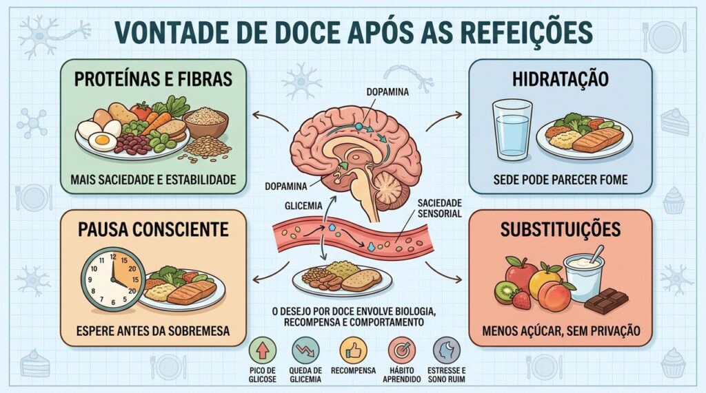 Proteínas, hidratação, pausa consciente e substituições ajudam a controlar o desejo por doces.