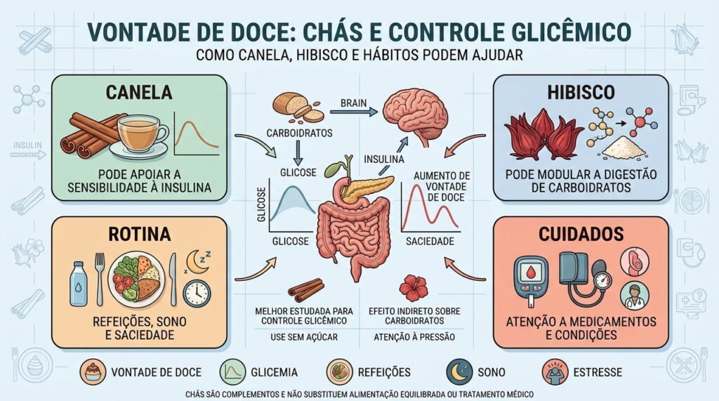 Canela, hibisco, rotina e cuidados ajudam no controle consciente da vontade de doce.