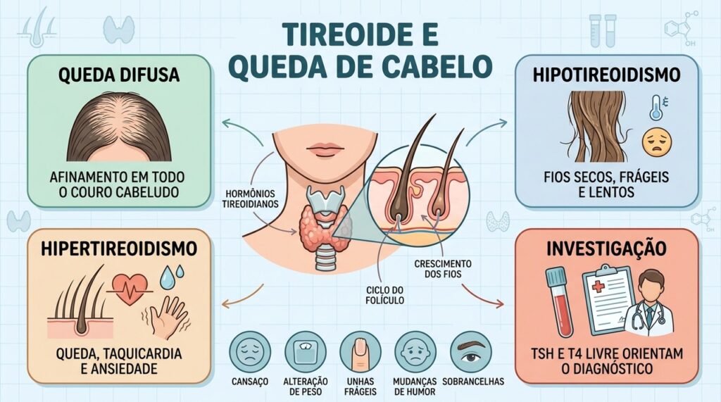 Tireoide, sintomas associados, queda difusa e exames ajudam a orientar a investigação.