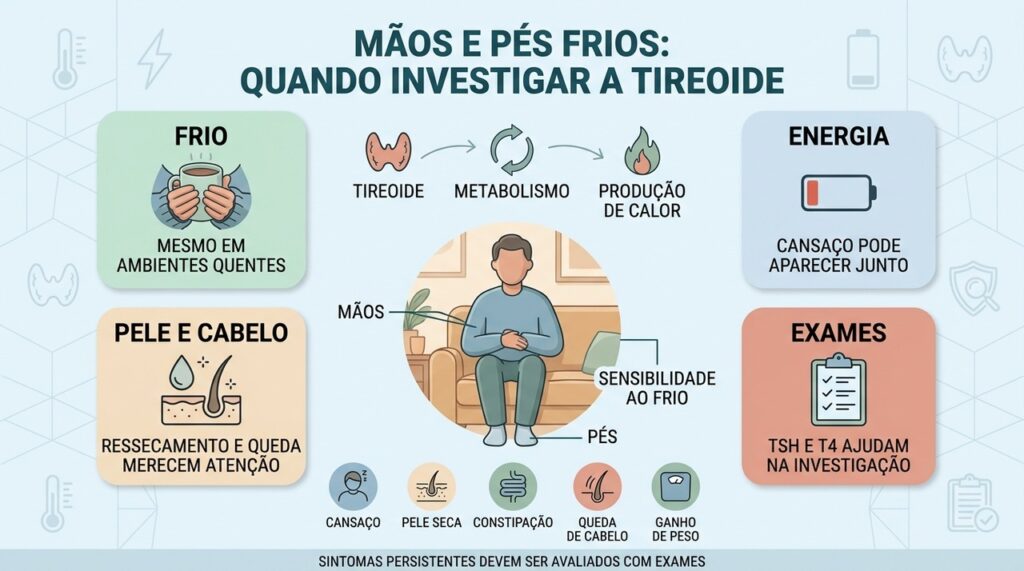 Frio persistente, cansaço e pele seca podem justificar exames da tireoide.