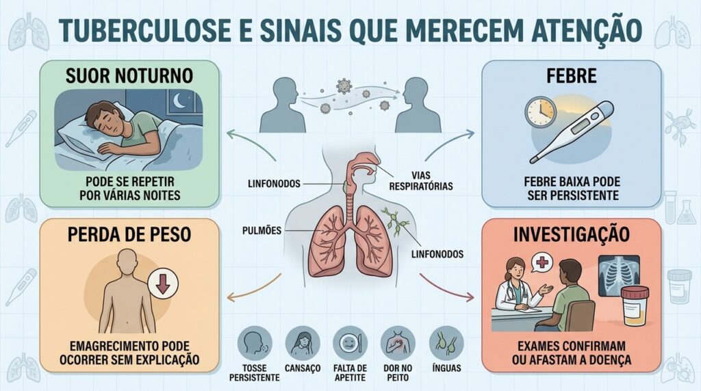 Suor noturno, febre, perda de peso e exames orientam a investigação da tuberculose.